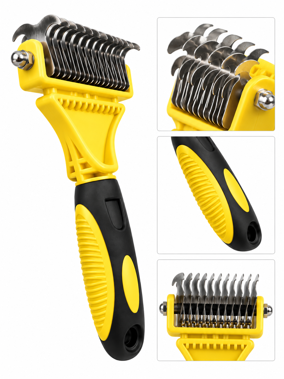 Rastrillo desmotador amarillo de doble cara – detalle de dientes